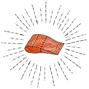 Image Steak of Red Fish Salmon in Sun Rays. Vector Illustration Isolated On a Stock Illustration