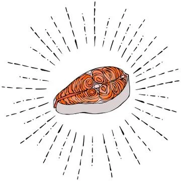 Image Steak of Red Fish Salmon in Sun Rays. Vector Illustration Isolated On a Stock Illustration