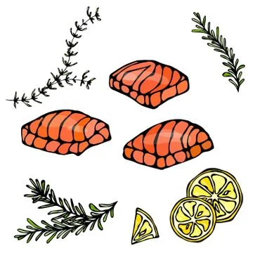 Image of Steak of Red Fish Salmon, Lemon and Herbs for Seafood Menu. Ink Vector Stock Illustration