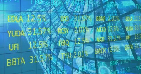 Image of stock data moving over multiple screens Illustrazione stock