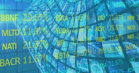 Image of stock data moving over multiple screens Illustrazione stock