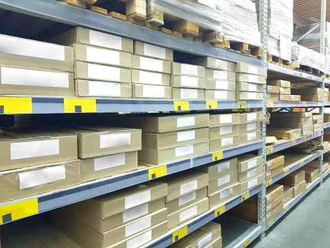 Image of stock inventory shelf, stack of carton boxes, modern logistics smart Stockfoto's