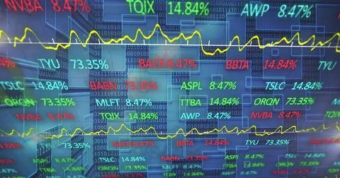 Image of stock market and binary coding over black background 库存插图