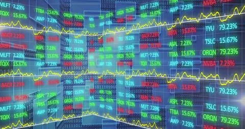 Image of stock market and binary coding over black background 库存插图