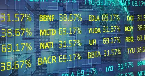 Image of stock market and binary coding over black background 스톡 일러스트