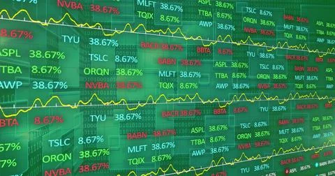 Image of stock market and binary coding over green background 스톡 일러스트