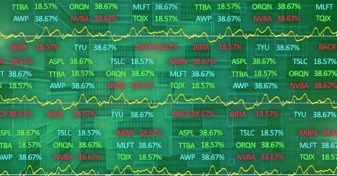 Image of stock market and binary coding over green background Illustrazione stock