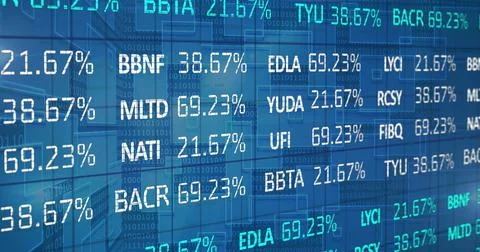 Image of stock market and binary coding over blue background Stock-Illustration