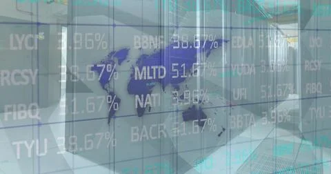 Image of stock market data data processing over world map against computer .. Foto stock