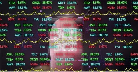 Image of stock market data processing against fingerprint scanning over qr code 스톡 일러스트