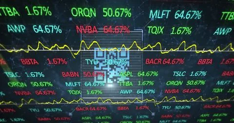 Image of stock market data processing over qr code scanner against network of Stock Illustration