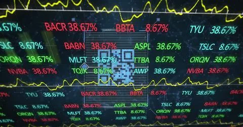 Image of stock market data processing over qr code scanner against network of Illustrazione stock