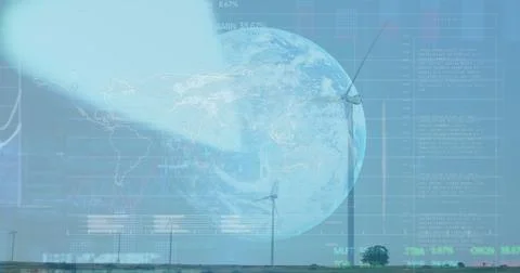 Image of stock market data processing over globe and windmills spinning against Illustrazione stock
