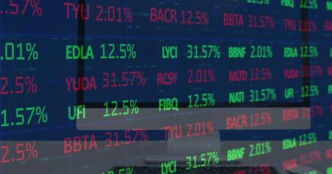 Image of stock market data processing against close up of a desktop computer Stock Illustration