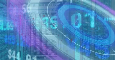 Image of stock market data processing and round scanner against computer server 스톡 일러스트