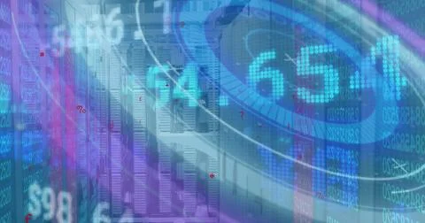 Image of stock market data processing and round scanner against computer server Stock-Illustration