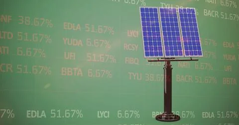 Image of stock market data processing over solar panel against green background Stock Illustration