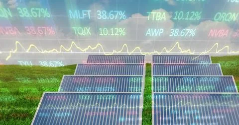 Image of stock market data processing over solar panels on grass against blue Illustrazione stock