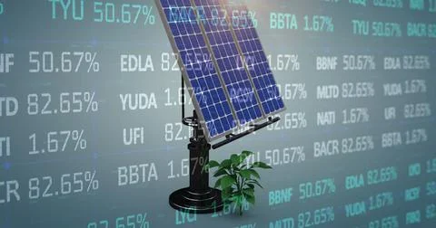 Image of stock market data processing over solar panel and plant sampling on Stock Illustration