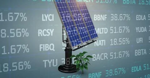 Image of stock market data processing over solar panel and plant sampling on Stock Illustration