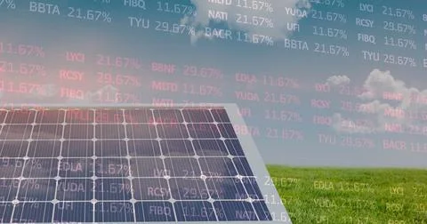 Image of stock market data processing over solar panel on grass against blue sky Illustrazione stock