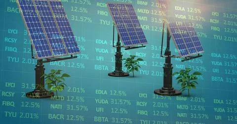 Image of stock market data processing over three solar panels and plant sampling Stock Illustration