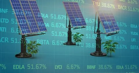 Image of stock market data processing over three solar panels and plant sampling Stock Illustration