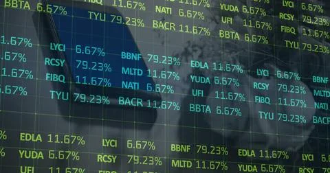 Image of stock market data processing against close up of a smartphone イラスト素材