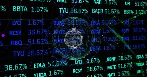 Image of stock market data processing over plexus networks and spinning globe Stock Illustration