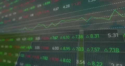 Image of stock market data processing over solar panels on grassland against Illustrazione stock
