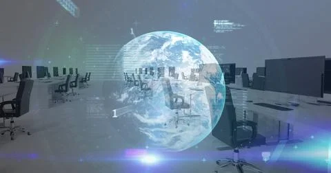 Image of stock market data processing over globe against empty office Stock Illustration