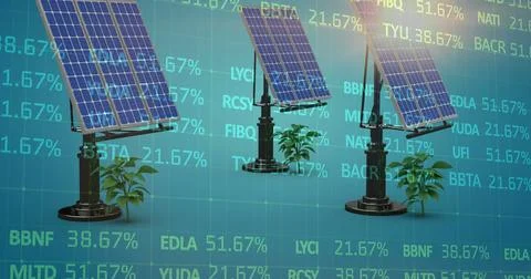 Image of stock market data processing over three solar panels and plant sampling Stock Illustration