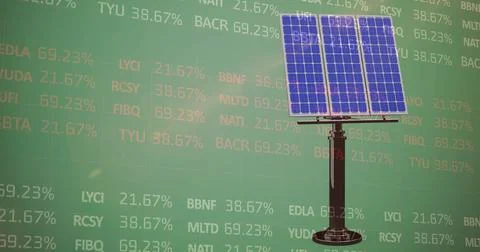 Image of stock market data processing over solar panel against green background Stock Illustration