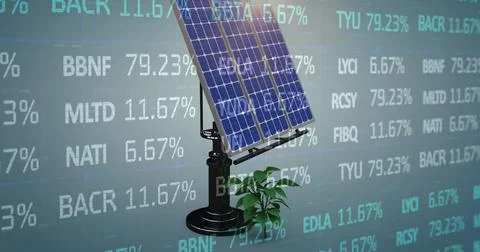 Image of stock market data processing over solar panel and plant sampling on Stock Illustration