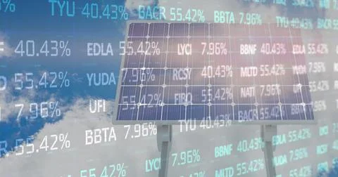 Image of stock market data processing over solar panel against blue sky Ilustração Stock