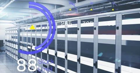 Image of stock market data processing and light trails against computer server 스톡 일러스트