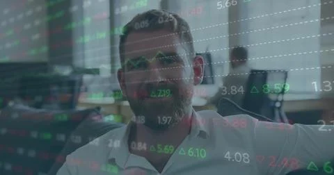 Image of stock market data processing and sqaure shapes over caucasian man Stockillustratie