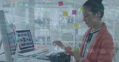 Image of stock market data processing over asian female photographer holding a Stock-Illustration