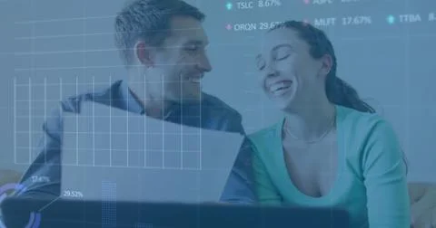 Image of stock market data processing over caucasian couple calculating finance Ilustração Stock