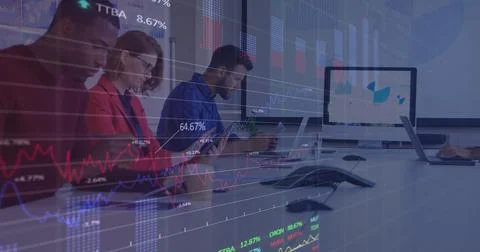 Image of stock market data processing against diverse team of colleagues working Illustrazione stock
