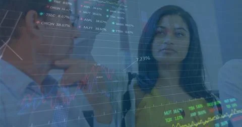 Image of stock market data processing against diverse man and woman discussing Illustrazione stock