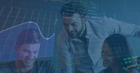 Image of stock market data processing against diverse colleagues discussing Illustrazione stock