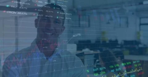 Image of stock market data processing over portrait of caucasian man smiling at Illustrazione stock
