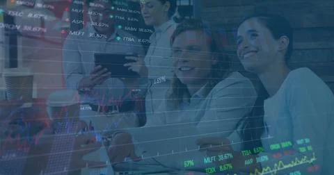 Image of stock market data processing over diverse man and woman discussing at Illustrazione stock