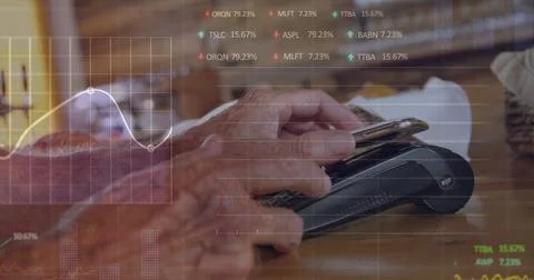 Image of stock market data processing over mid section of man making a payment Stock Illustration