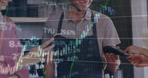 Image of stock market data processing over caucasian woman making a payment by イラスト素材