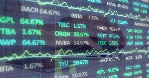 Image of stock market data processing against mid section of a man using laptop Stock Illustration