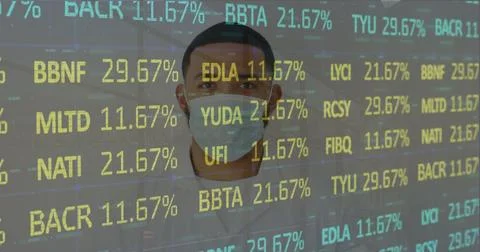 Image of stock market data processing over portrait of biracial man wearing face Foto stock