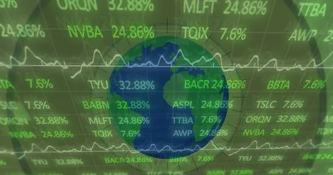 Image of stock market data processing over globe against circles in seamless Stock Photos