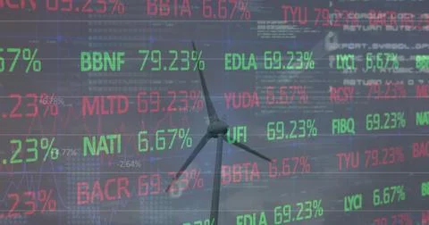 Image of stock market data processing over spinning windmill against blue sky Stockfoto's